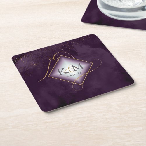 Fine Lines Gold Abstract Wedding V2 Plum ID867 Square Paper Coaster
