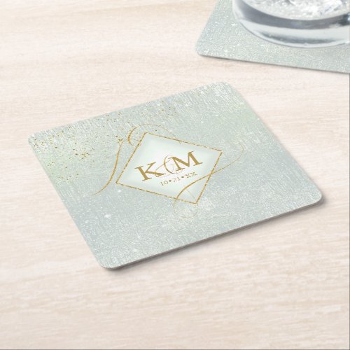 Fine Lines Gold Abstract Wedding V2 Sage ID867 Square Paper Coaster