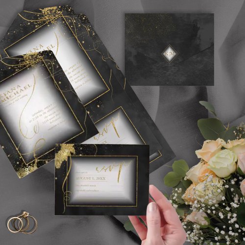 Fine Lines Gold Abstract Wedding V3 Black ID867 All In One Invitation