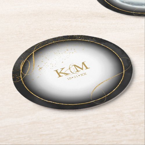 Fine Lines Gold Abstract Wedding V3 Black ID867 Round Paper Coaster