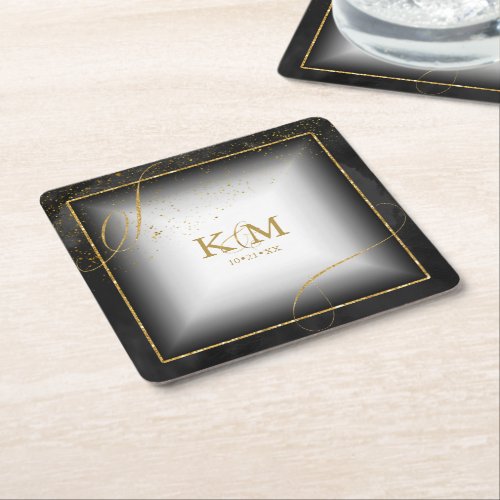 Fine Lines Gold Abstract Wedding V3 Black ID867 Square Paper Coaster