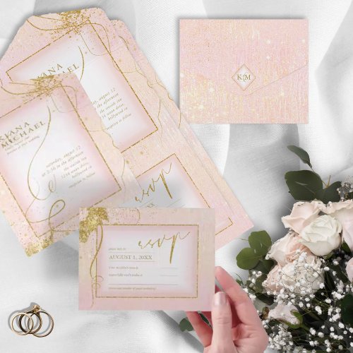 Fine Lines Gold Abstract Wedding V3 Blush ID867 All In One Invitation