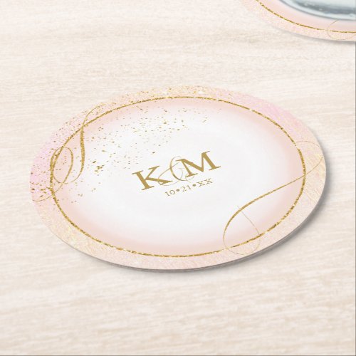 Fine Lines Gold Abstract Wedding V3 Blush ID867 Round Paper Coaster