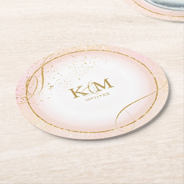 Fine Lines Gold Abstract Wedding V3 Blush ID867 Round Paper Coaster (Angled)