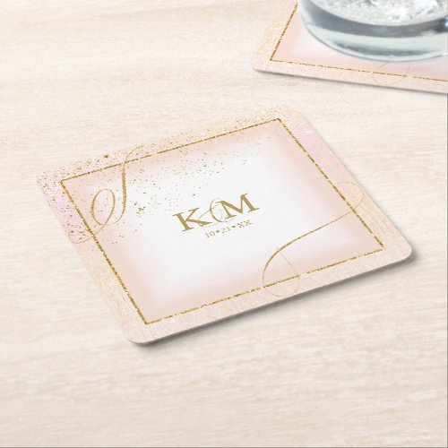 Fine Lines Gold Abstract Wedding V3 Blush ID867 Square Paper Coaster