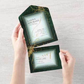 Fine Lines Gold Abstract Wedding V3 Emerald ID867 All In One Invitation