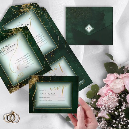 Fine Lines Gold Abstract Wedding V3 Emerald ID867 All In One Invitation