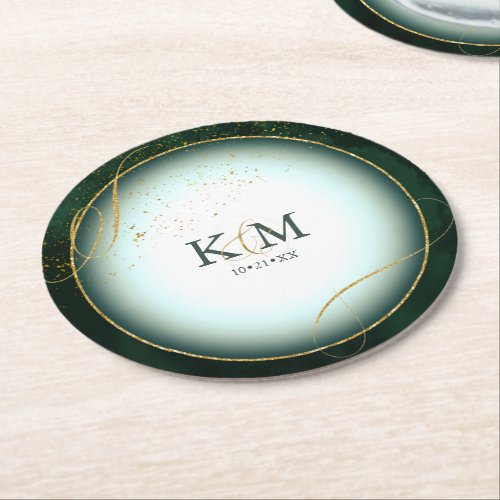 Fine Lines Gold Abstract Wedding V3 Emerald ID867  Round Paper Coaster