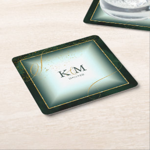 Fine Lines Gold Abstract Wedding V3 Emerald ID867 Square Paper Coaster