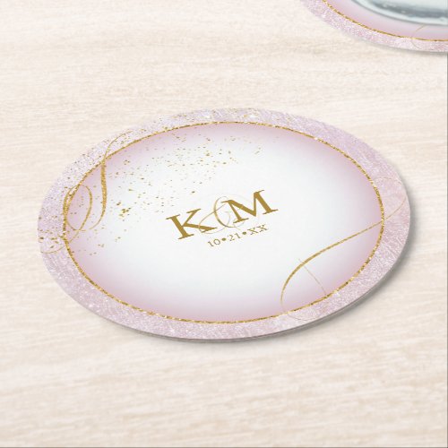 Fine Lines Gold Abstract Wedding V3 Mauve ID867 Round Paper Coaster