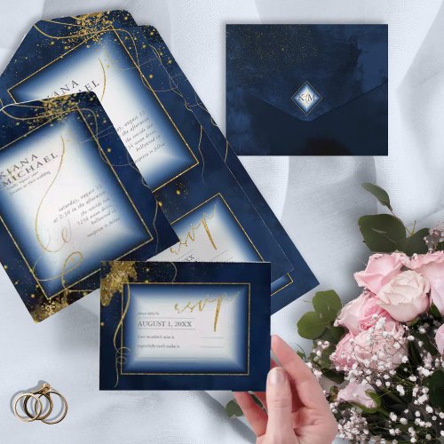 Fine Lines Gold Abstract Wedding V3 Navy ID867 All In One Invitation