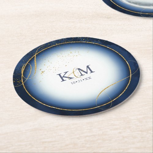 Fine Lines Gold Abstract Wedding V3 Navy ID867 Round Paper Coaster