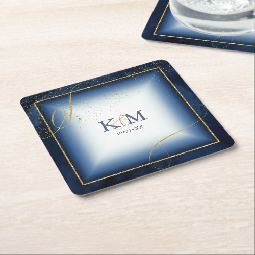 Fine Lines Gold Abstract Wedding V3 Navy ID867 Square Paper Coaster