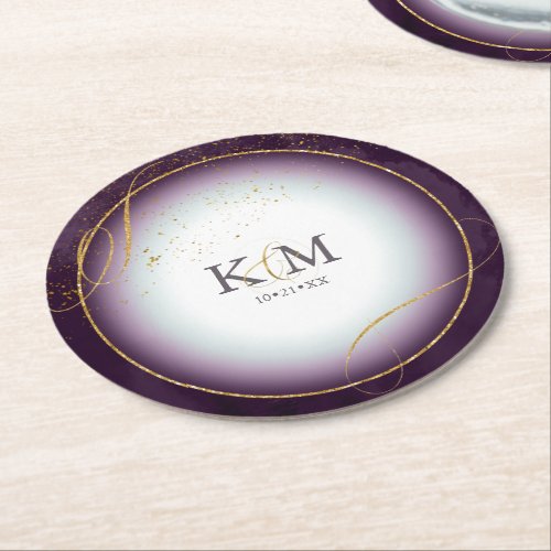 Fine Lines Gold Abstract Wedding V3 Plum ID867 Round Paper Coaster