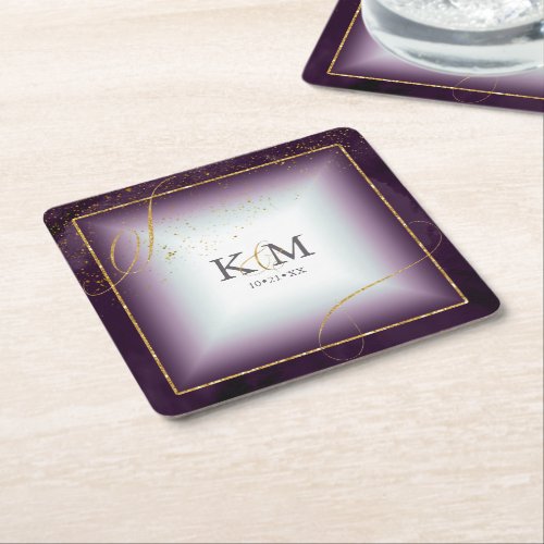 Fine Lines Gold Abstract Wedding V3 Plum ID867 Square Paper Coaster