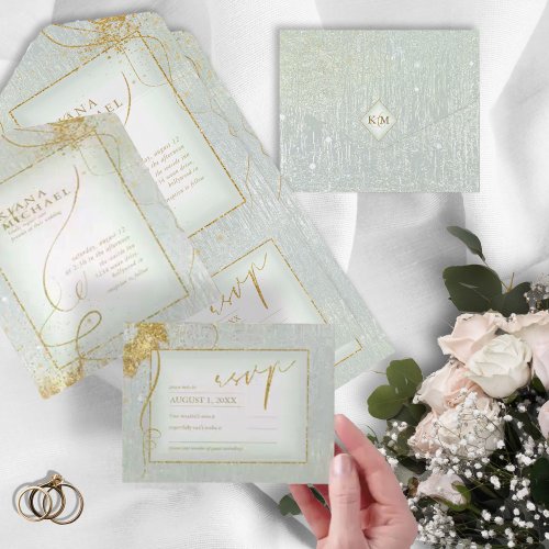 Fine Lines Gold Abstract Wedding V3 Sage ID867 All In One Invitation