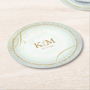 Fine Lines Gold Abstract Wedding V3 Sage ID867 Round Paper Coaster