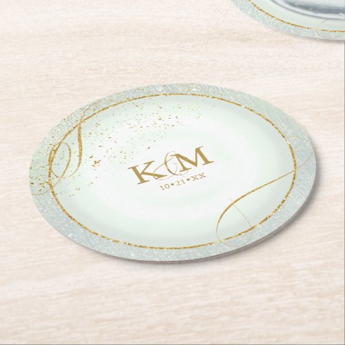 Fine Lines Gold Abstract Wedding V3 Sage ID867  Round Paper Coaster