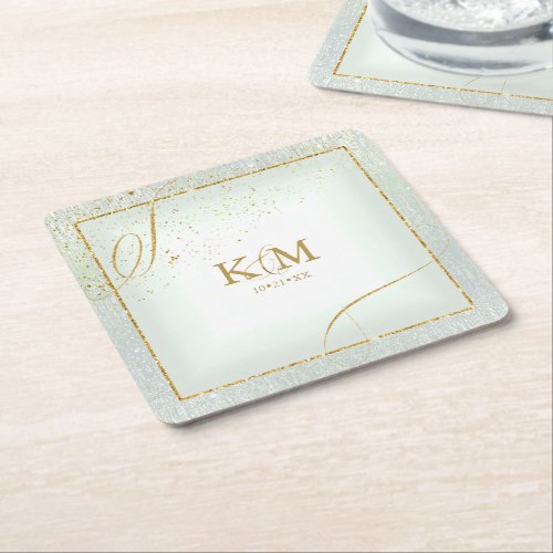 Fine Lines Gold Abstract Wedding V3 Sage ID867 Square Paper Coaster