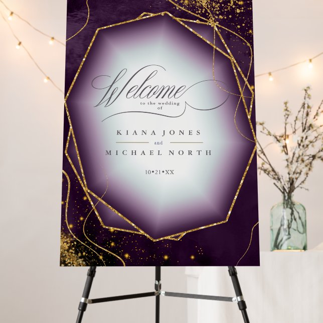 Fine Lines Gold Wedding Welcome Plum ID867 Foam Board (In Situ (Stand))
