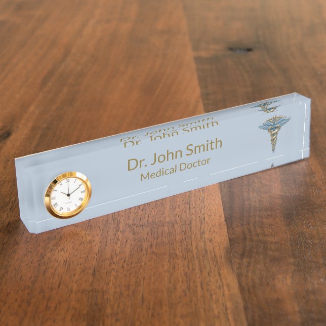 Fine Medical Light Blue Gold Caduceus Professional Desk Name Plate (Side)