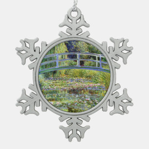 Fine Monet Japanese Bridge & Water-Lily Pond Snowflake Pewter Christmas Ornament