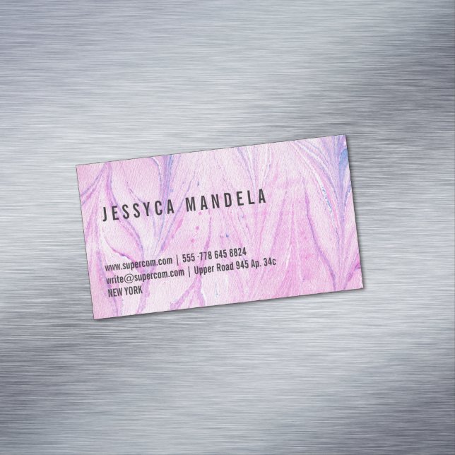 Fine pink marble business card magnet (In Situ)