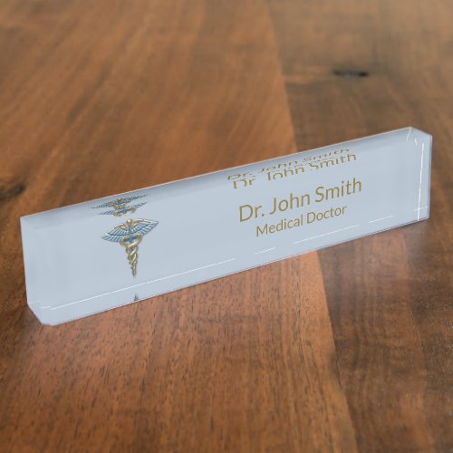 Fine Professional Medical Light Blue Gold Caduceus Desk Name Plate