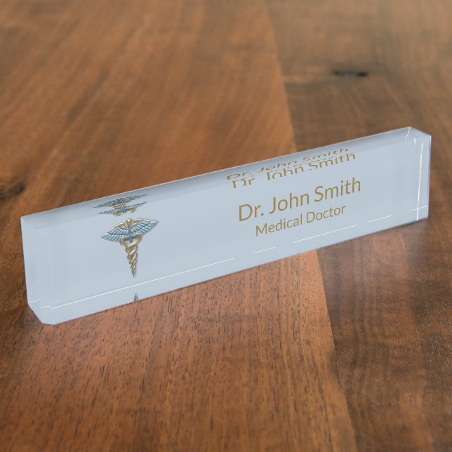 Fine Professional Medical Light Blue Gold Caduceus Desk Name Plate (Side)