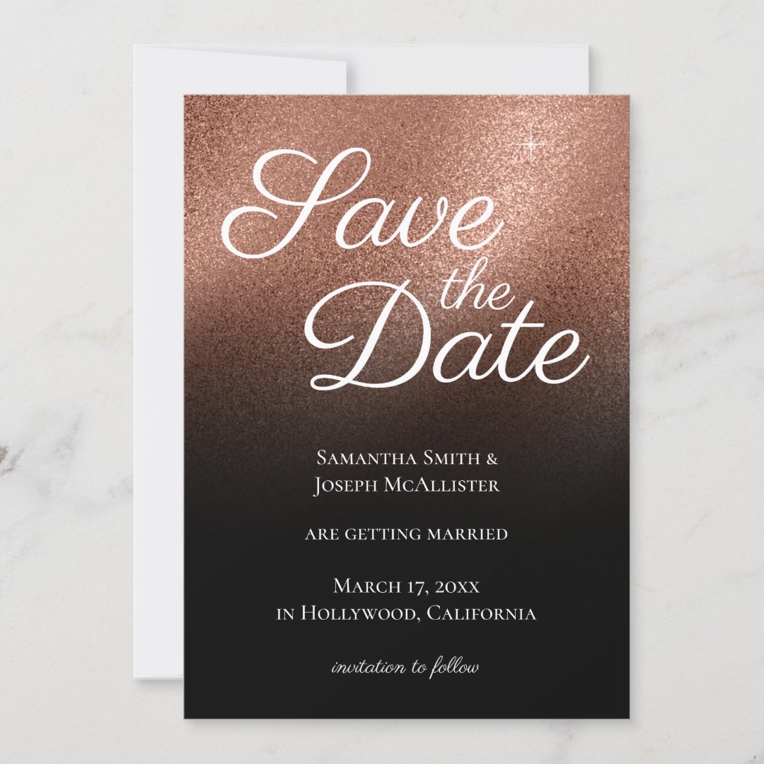 Fine Rose Gold Glitter Black Ombre Save the Date Invitation | Zazzle