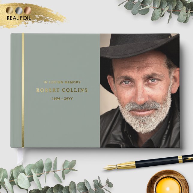 Fine Sage and Real Foil, In Loving Memory Funeral Foil Guest Book (Creator Uploaded)