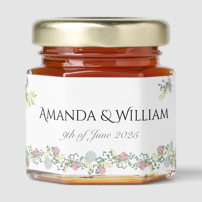Finely flourished wedding honey jar favors (Front)