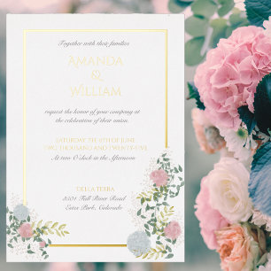 Finely flourished wedding invitation with gold foil invitation