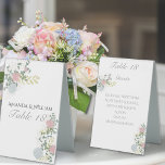 Finely flourished wedding table number & guests  table tent sign<br><div class="desc">This exquisite wedding table number is adorned with an elegant floral motif featuring delicate roses and hydrangeas nestled among lush green leaves. On the front are displayed the spouse names and the table number ( or name at your convenience) The back shows a reminder of the guests sitting at this...</div>