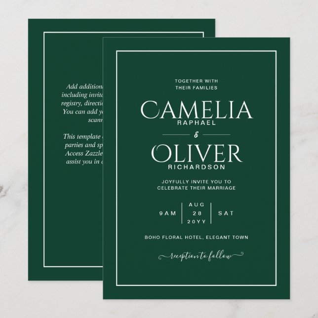 Finest Emerald Green MONOCHROME Wedding Invitation (Front/Back)