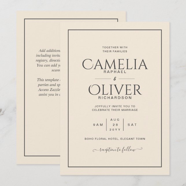 Finest Light Beige Cream MONOCHROME Wedding Invitation (Front/Back)