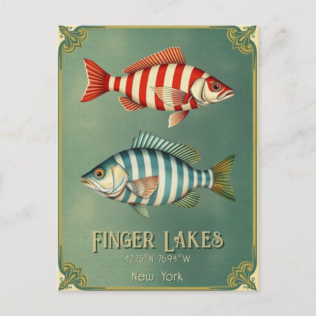 Finger Lakes New York nautical fish Postcard  (Front)