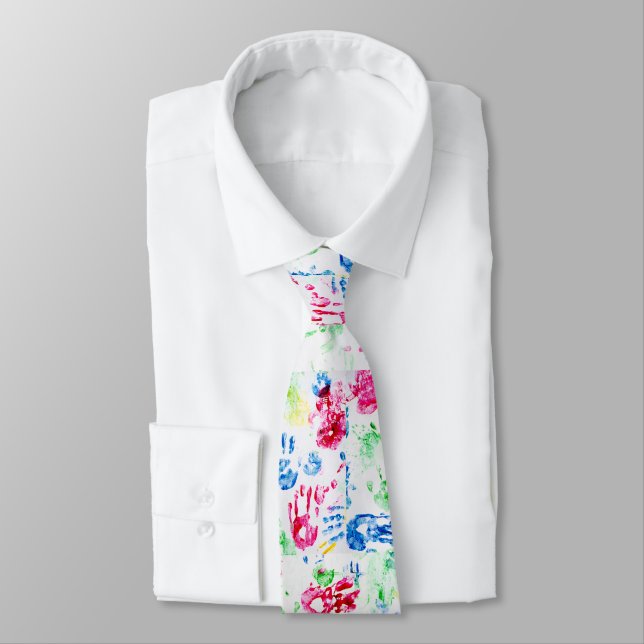 finger paint hand prints on white neck tie (Tied)