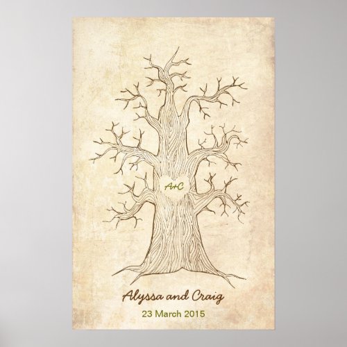 Fingerprint Tree Wedding Green Vintage Poster