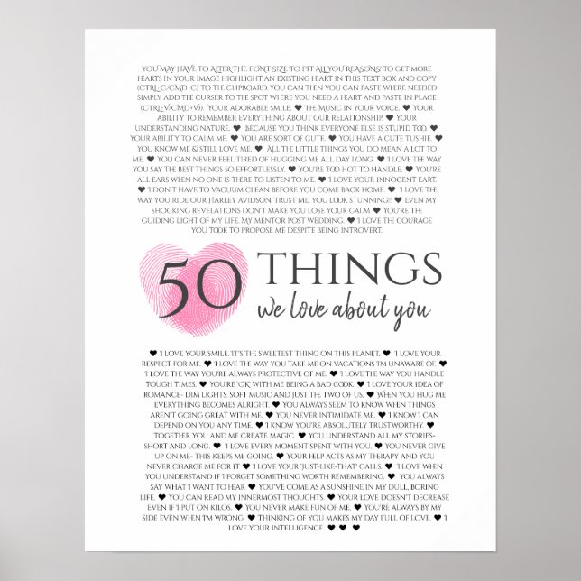 fingerprints on heart pink 50 reasons I love you Poster (Front)