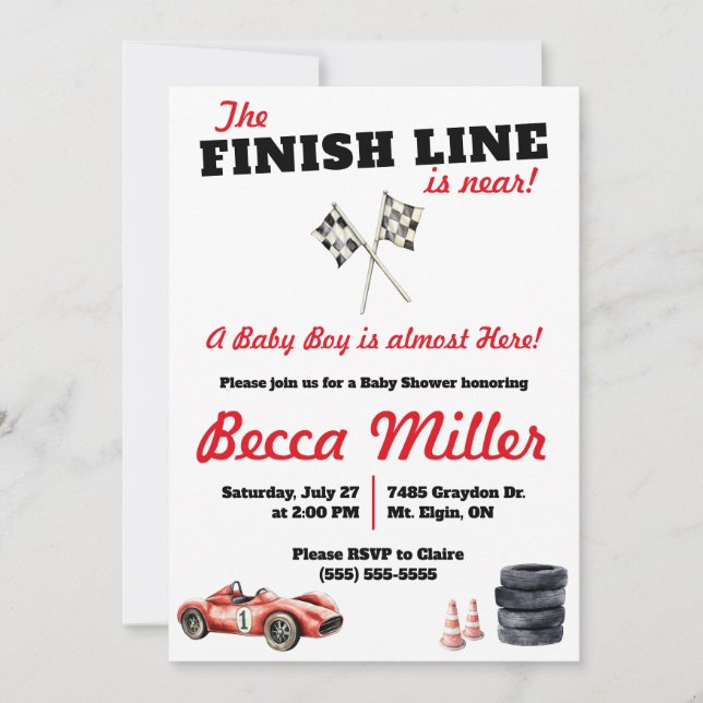 Finish Line is Near!  Race Car Baby Shower Invitation (Front)
