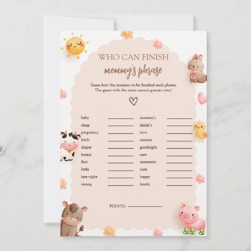 Finish Mommys Phrase Baby Shower Game Card