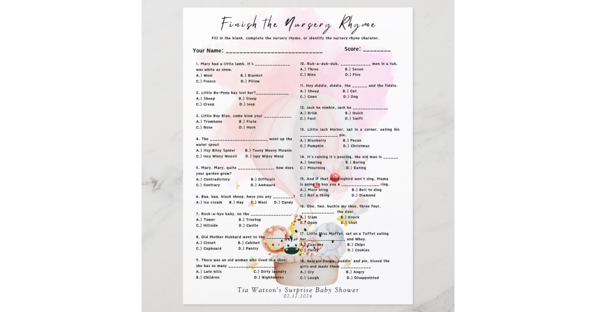 Finish the Nursery Rhyme Game Pink Baby Animals | Zazzle