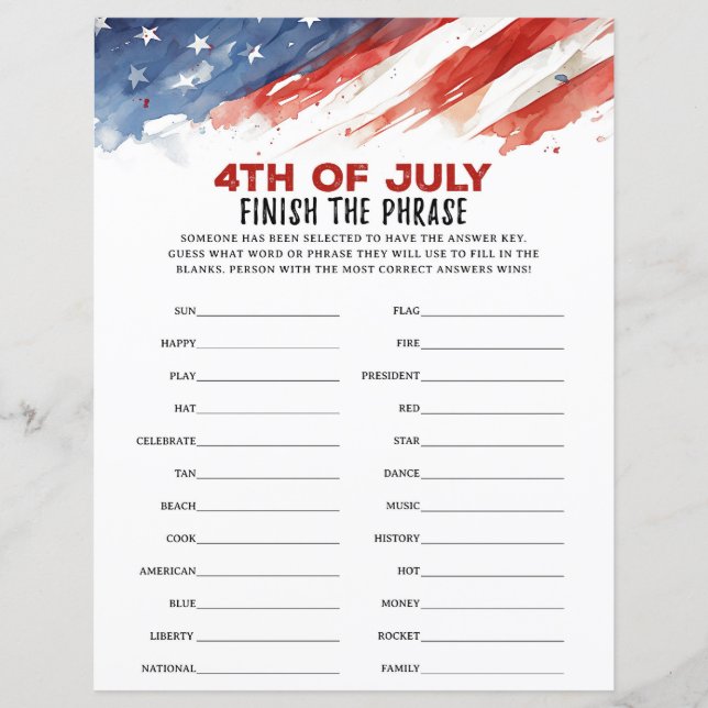 Finish the Phrase 4th of July Party Game (Front)