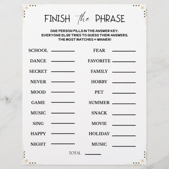 Finish the Phrase Game – Printable Guessing Party Letterhead (Front)