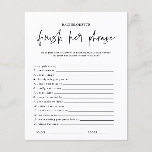 Finish The Sentence  Bachelorette Party Game Card