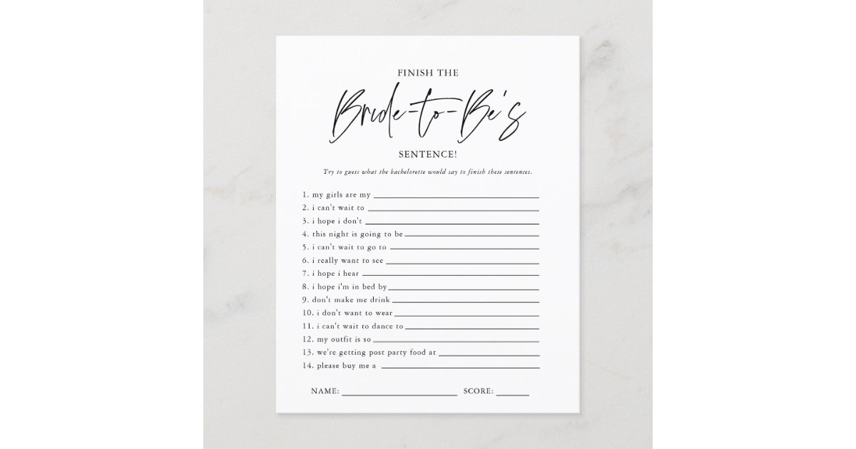 Finish The Sentence Bridal Shower Game Zazzle