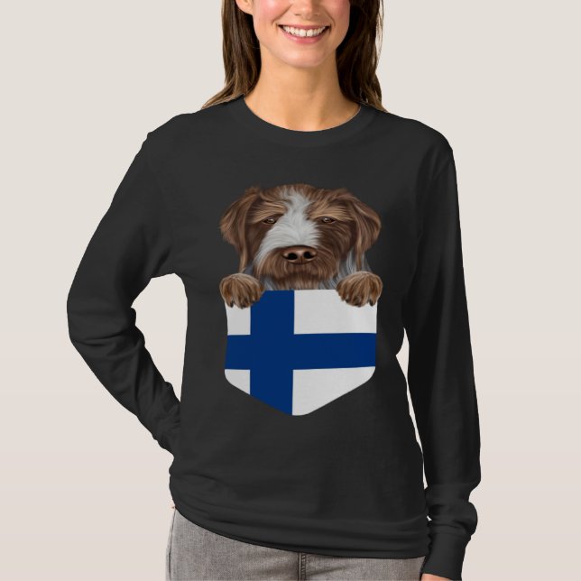 Finland Flag German Wirehaired Pointer Dog In Pock T-Shirt (Front)