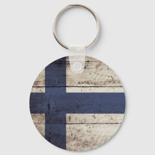 Finland Flag on Old Wood Grain Keychain