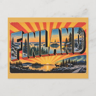 Finland Lakes Forests Northern Lights Art Postcard